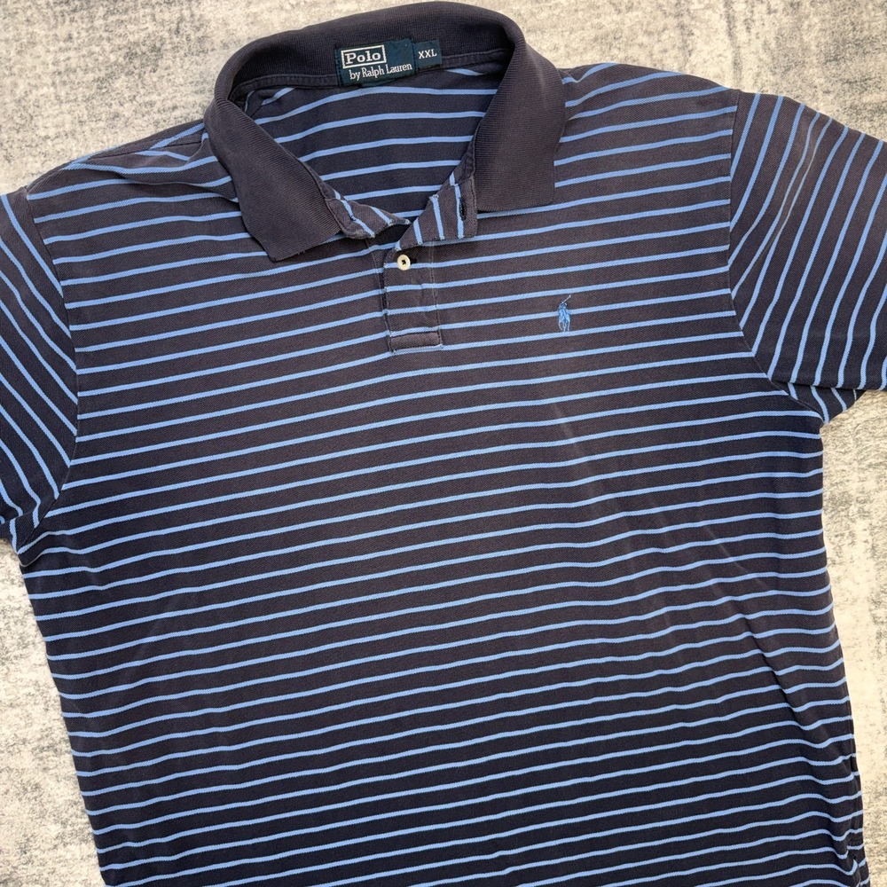 VTG Polo Ralph Lauren Shirt Mens 2XL Navy Blue Striped Pique Knit 90s Preppy